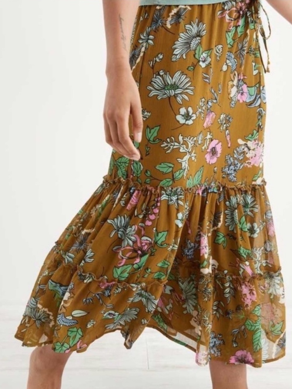 Aerie Forest Green Floral Garden Party Tiered Midi Skirt- XL
